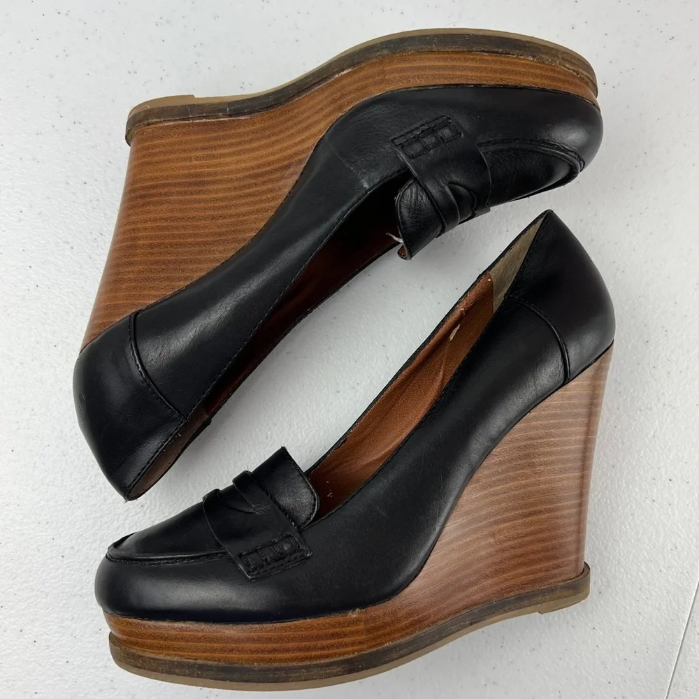 Lucky Brand June Black Leather Platform Wedge Penny Loafers Size 10 - Picture 9 of 13